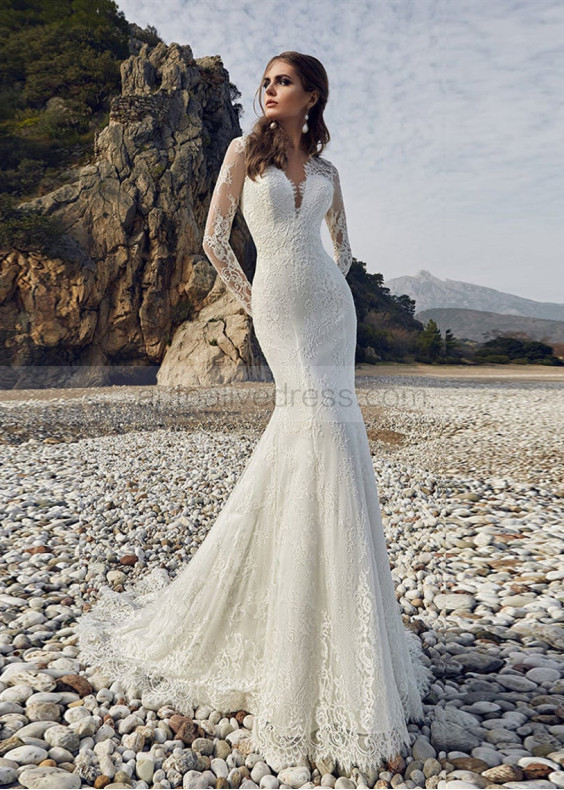 Long Sheer Sleeve Ivory Lace Keyhole Back Wedding Dress Long Sheer Sleeve Ivory Lace Keyhole Back Wedding Dress